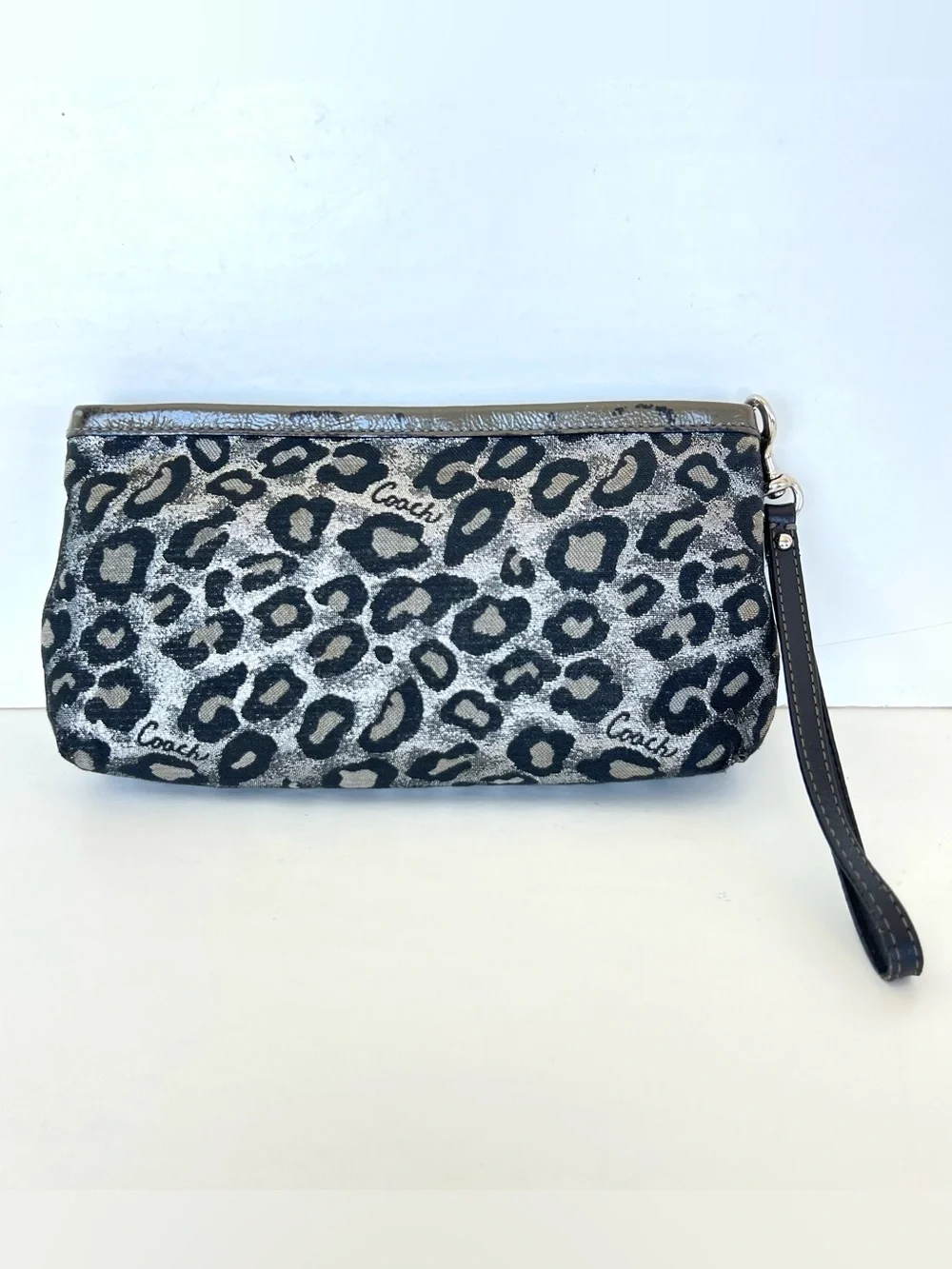 COACH Taupe Patent Leather Black Silver Leopard Print Zipper Clutch Wristlet